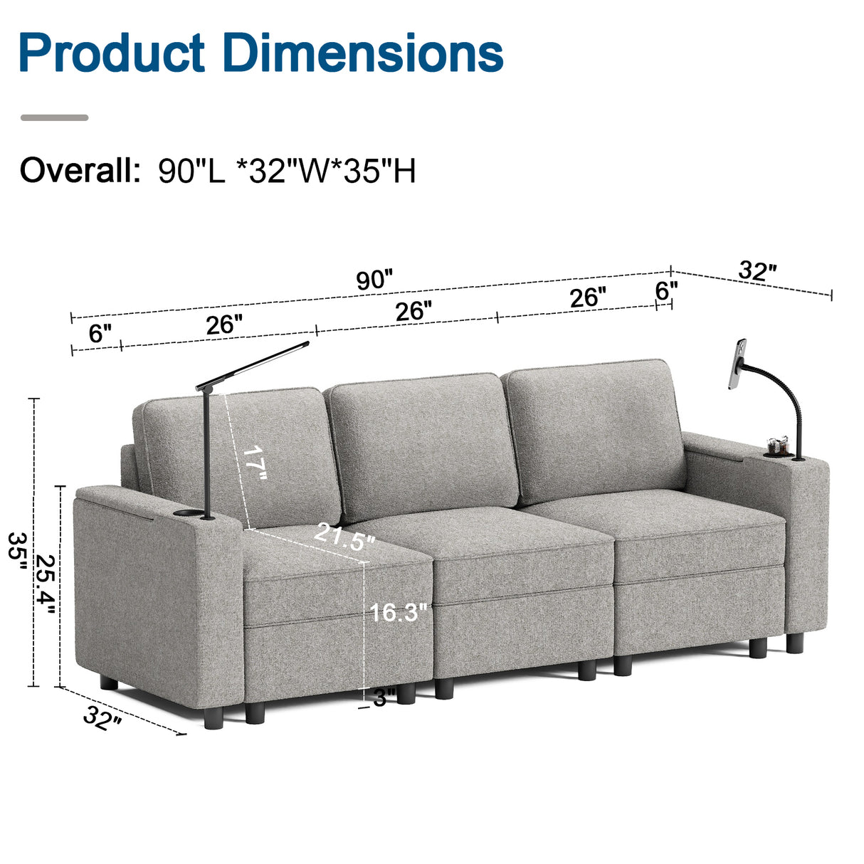 Gray Fabric Sofa with Built-In Arm Lights, Phone Holder & Modern 3-Seat Design