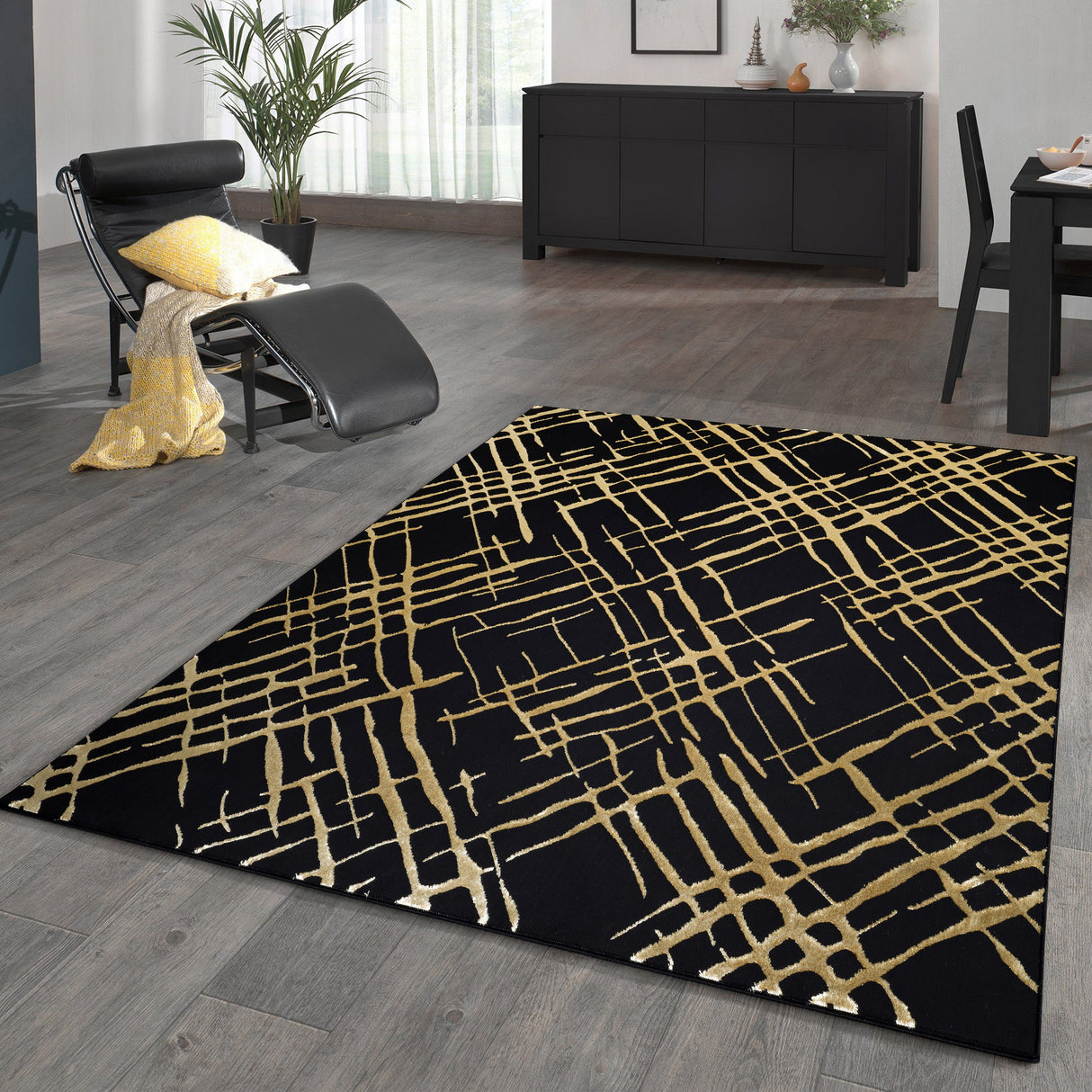.Scarlett Black & Gold Abstract Area Rug – 6'6" x 9'0"