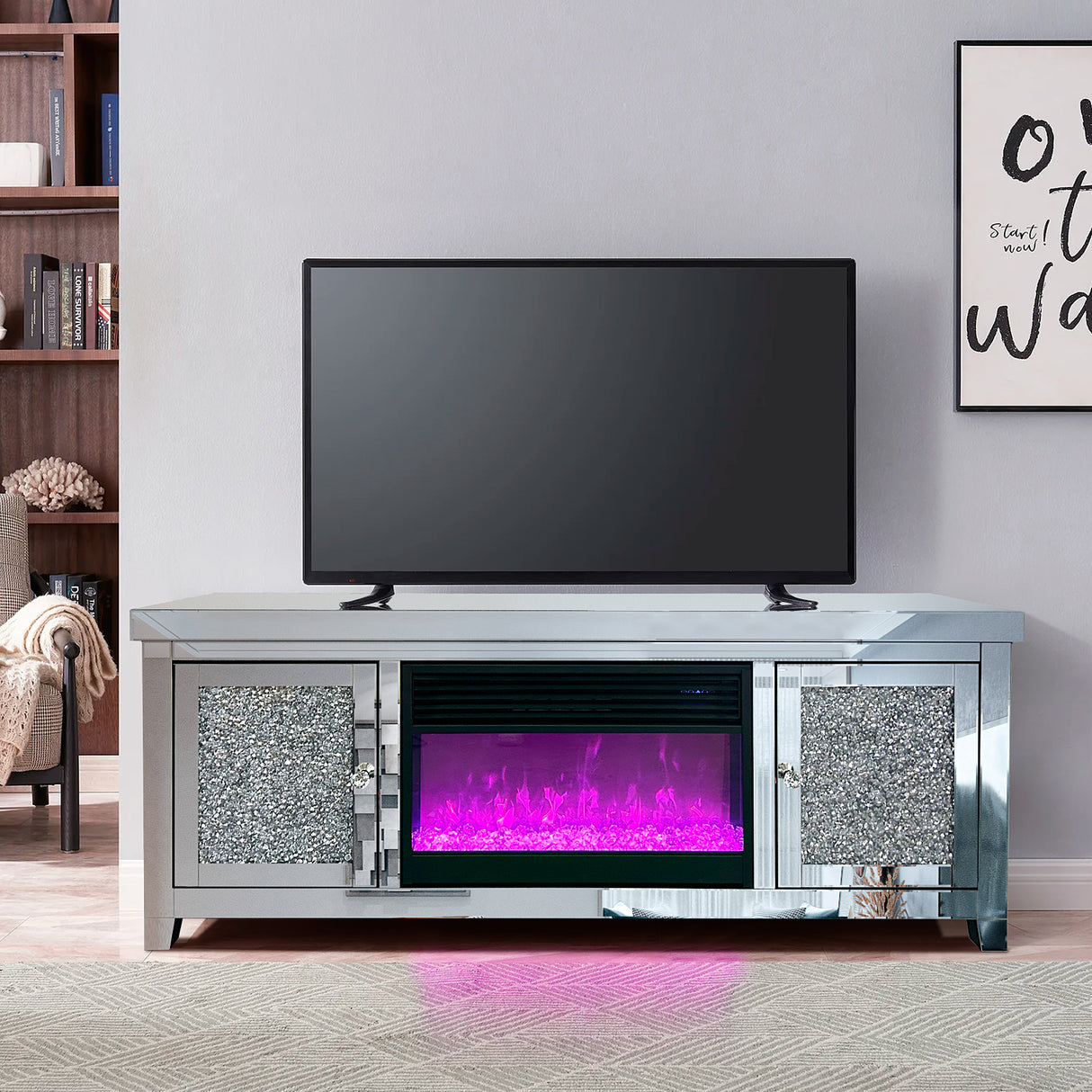 Mirrored Electric Fireplace TV Stand by Mollai Collections | Bel Furniture