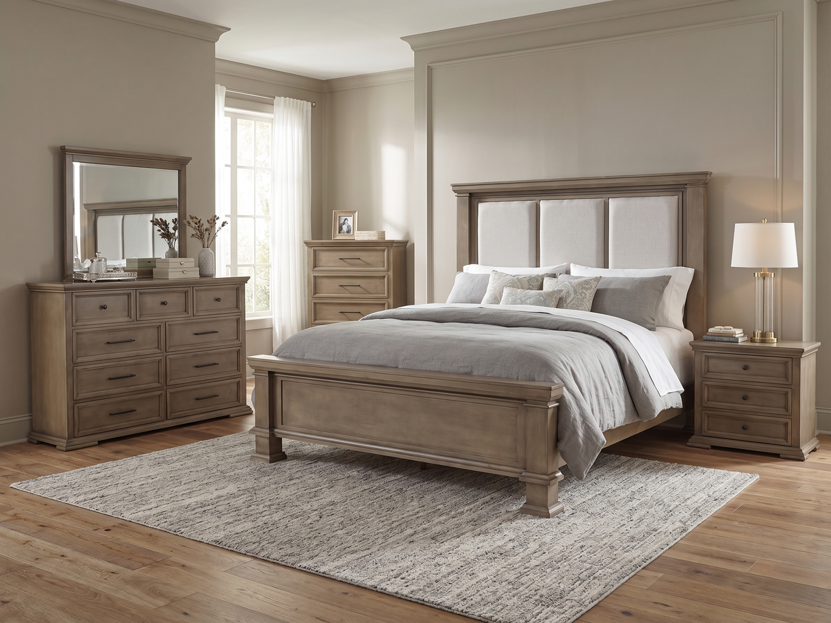 Beige Rustic 3 Room Furniture Package with Plush Sectional, Upholstered Queen Bedroom Set & 7 Piece Dining Set