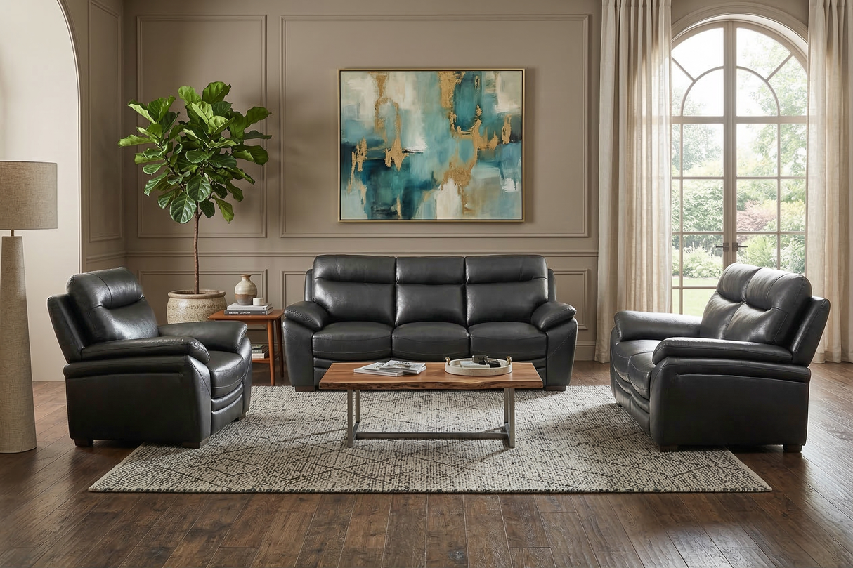 Modern Black Top Grain Leather 3-Piece Living Room Set with Sofa, Loveseat & Chair