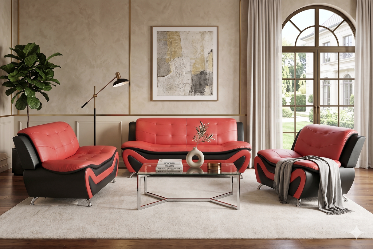 Red & Black Modern Curved Living Room Set with Metal Legs