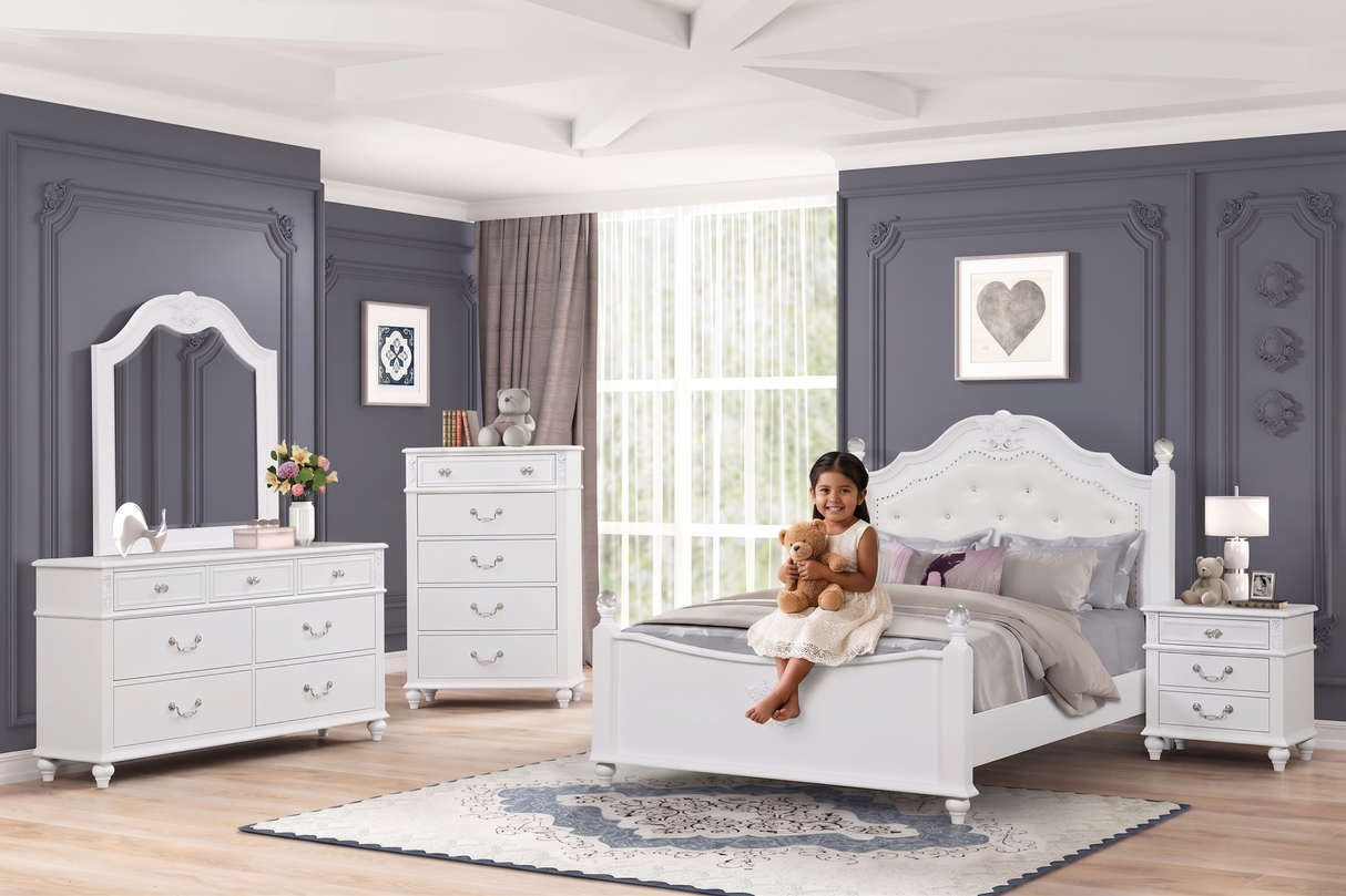 White Glam 6-Piece Bedroom Set with Upholstered Panel Bed, Dresser, Mirror & USB Nightstand