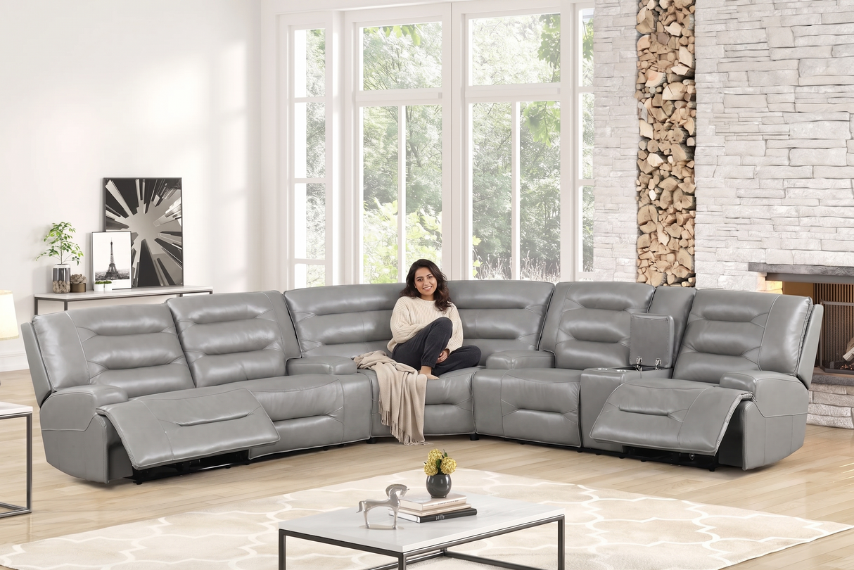 Modern Gray Top Grain Leather Power Reclining Sectional with Console & Cup Holders