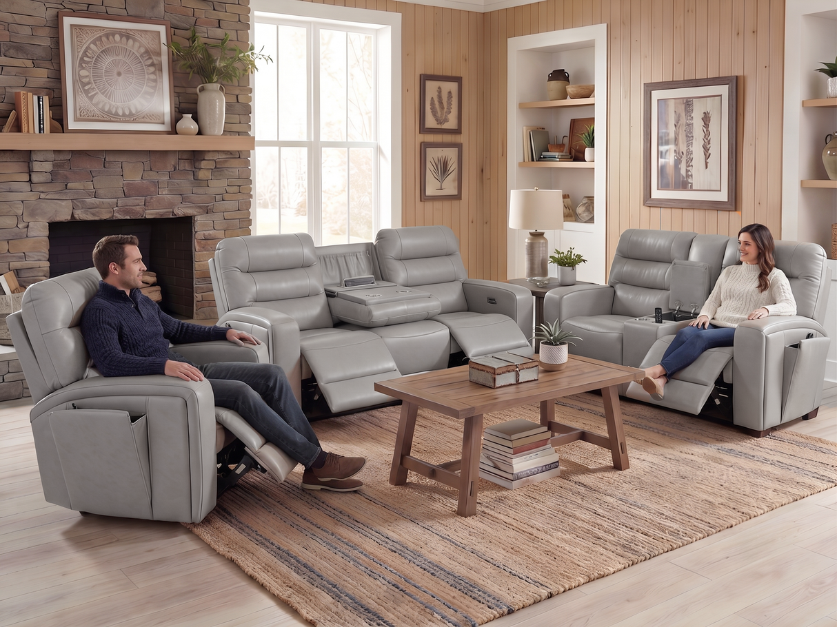 Modern Gray Top-Grain Leather 3-Piece Dual-Power Reclining Living Room Set