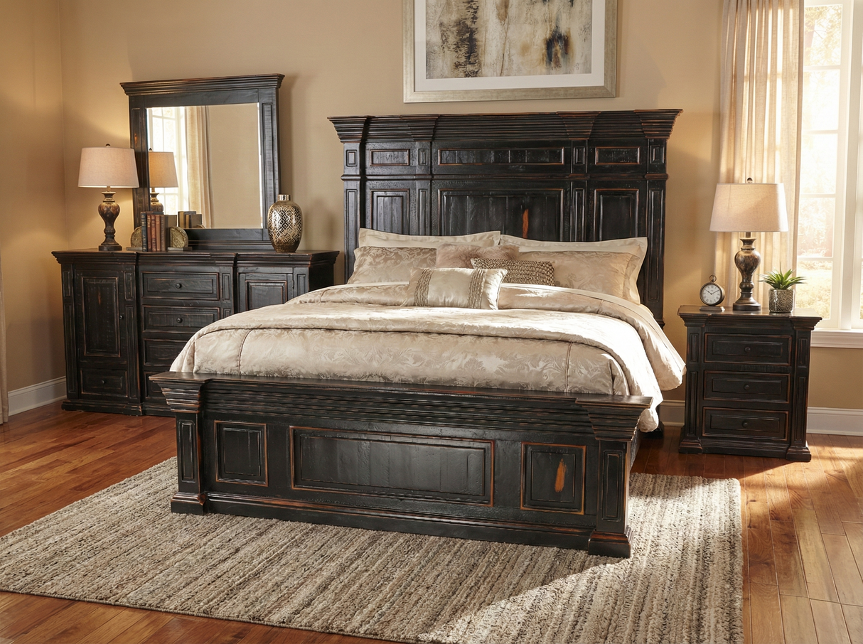 Rustic Traditional Dark Cherry 6-Piece Bedroom Set with Panel Bed, Dresser, Mirror & Nightstand