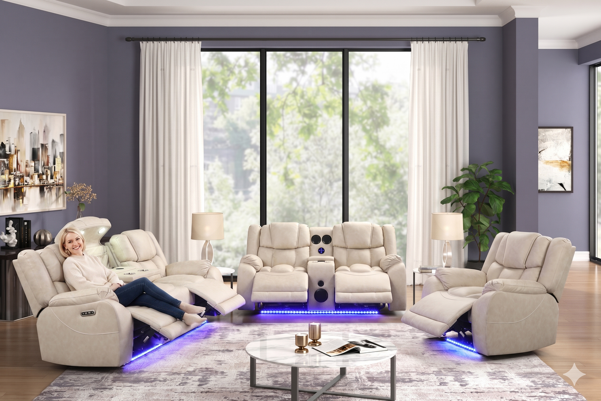 Beige Air Leather 3-Piece Power Reclining Living Room Set w/ LED Lights, USB, Wireless Charging & Bluetooth Speaker