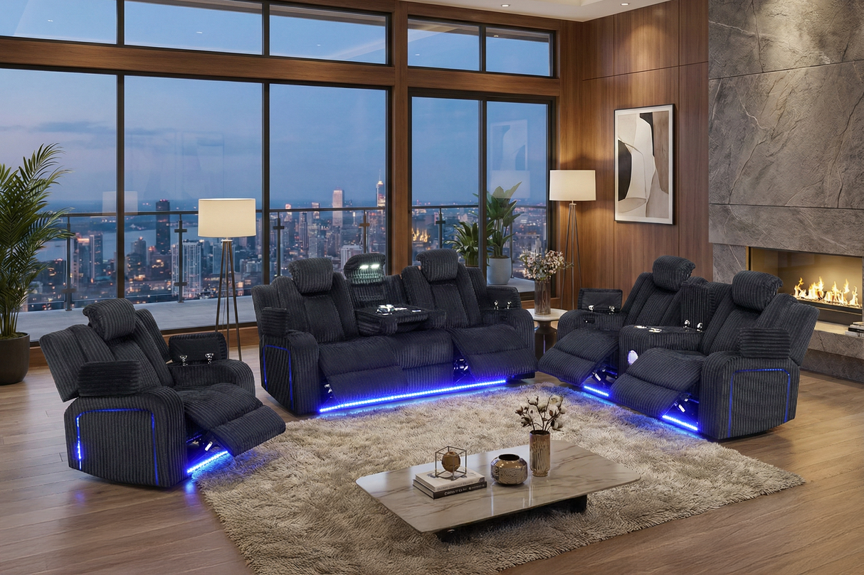 Black Corduroy Power Reclining 3-Piece Living Room Set with Power Headrests, LED Lights, Speakers & Charging