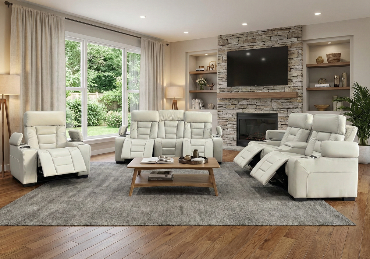 Contemporary Ivory Power Reclining 3-Piece Living Room Set with USB charging, Cupholders & Storage Console