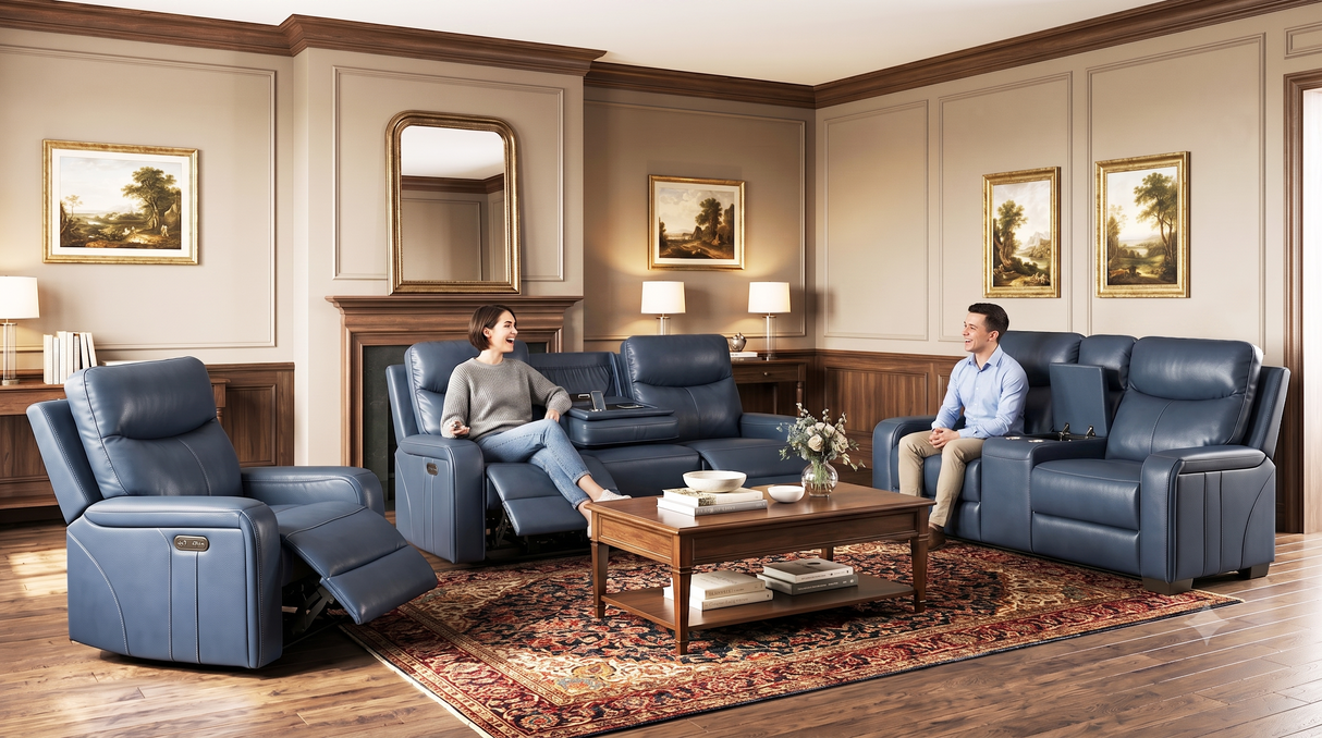 Blue Top-Grain Leather 3-Piece Power Reclining Living Room Set with Power Headrest