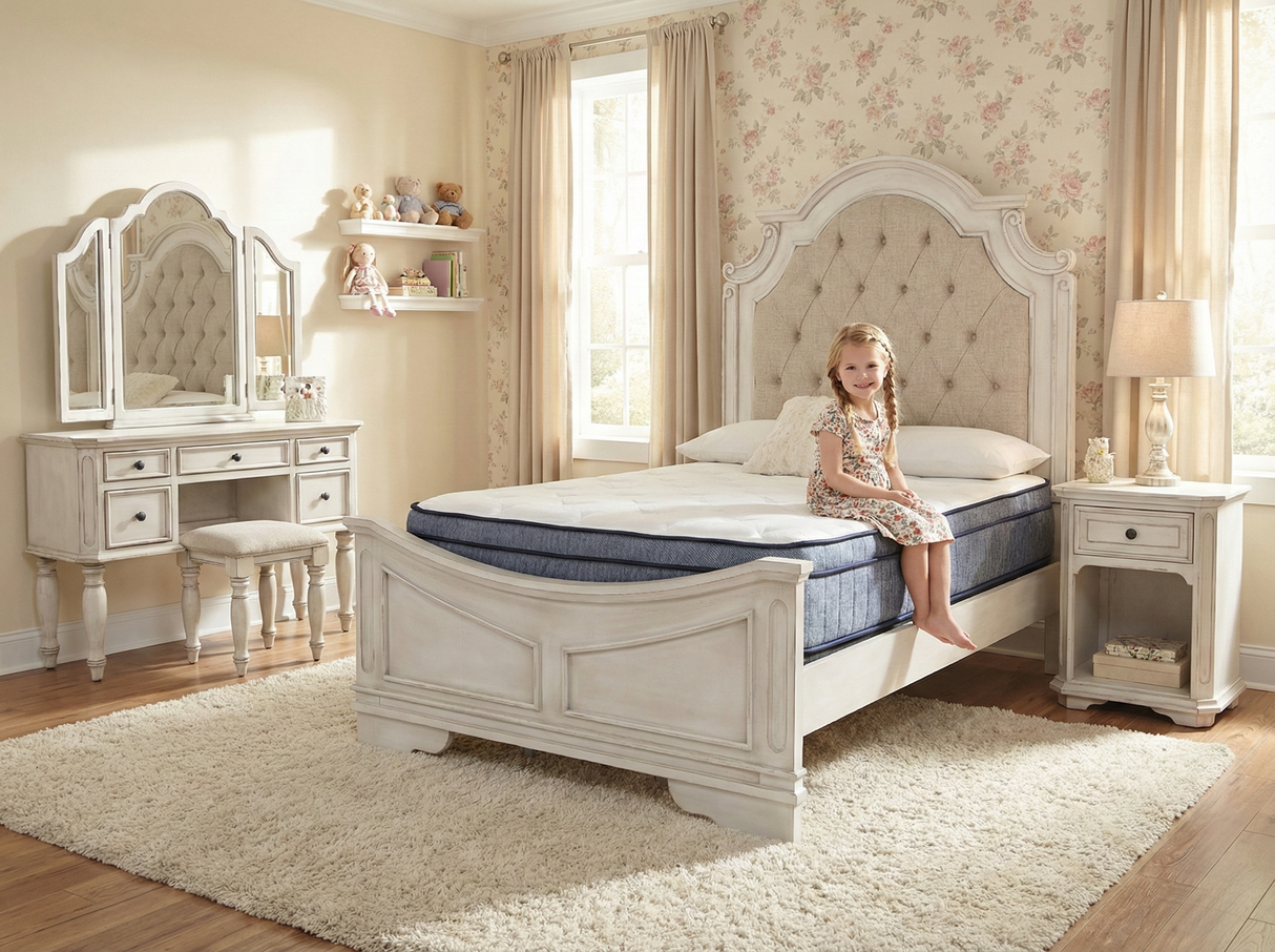 Magnolia 7-Piece Bedroom Set with Tufted Upholstered Bed, Vanity Desk, Tri-Fold Mirror, Stool & Nightstand – Savanna White Finish