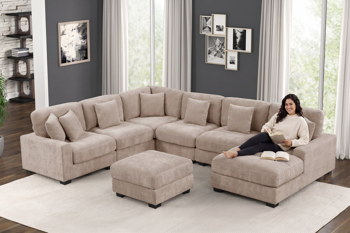 Beige Chenille 5-Piece Modular Sectional Sofa with Chaise & Ottoman