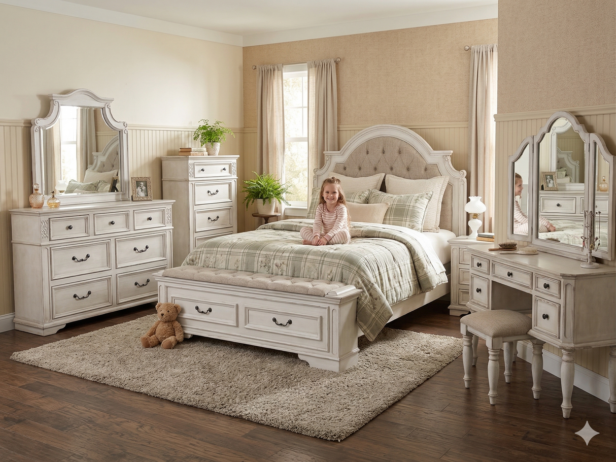 Magnolia Savanna White Farmhouse 6‑Piece Bedroom Set with Storage Footboard Bench