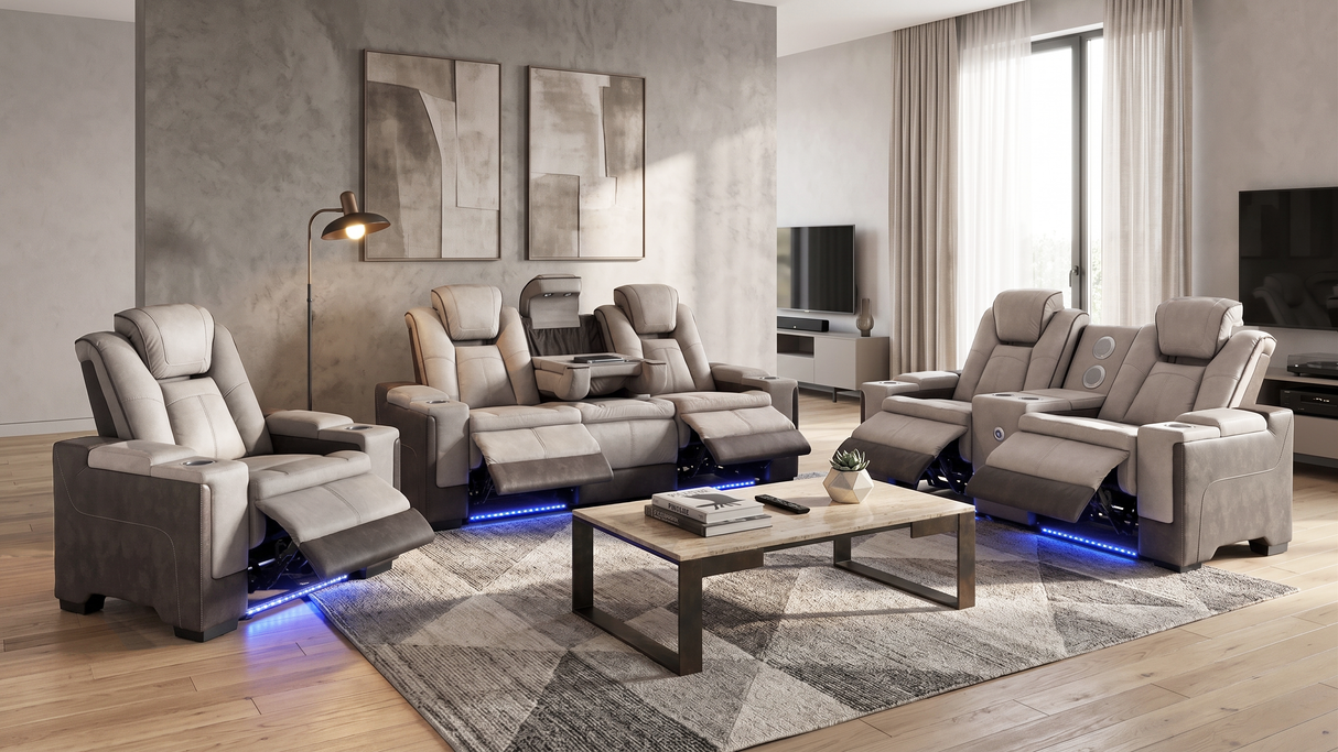 Beige Power Reclining 3-Piece Living Room Set with LED Lights & Speakers