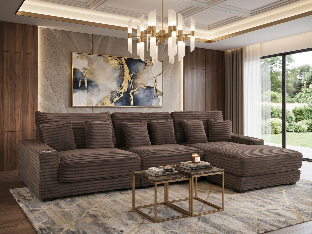 Brown Corduroy Sectional Sofa with Chaise Lounge & Pillows