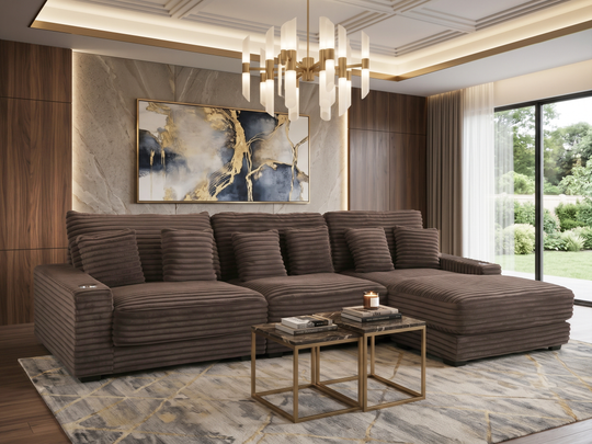 Brown Corduroy Sectional Sofa with Chaise Lounge & Pillows