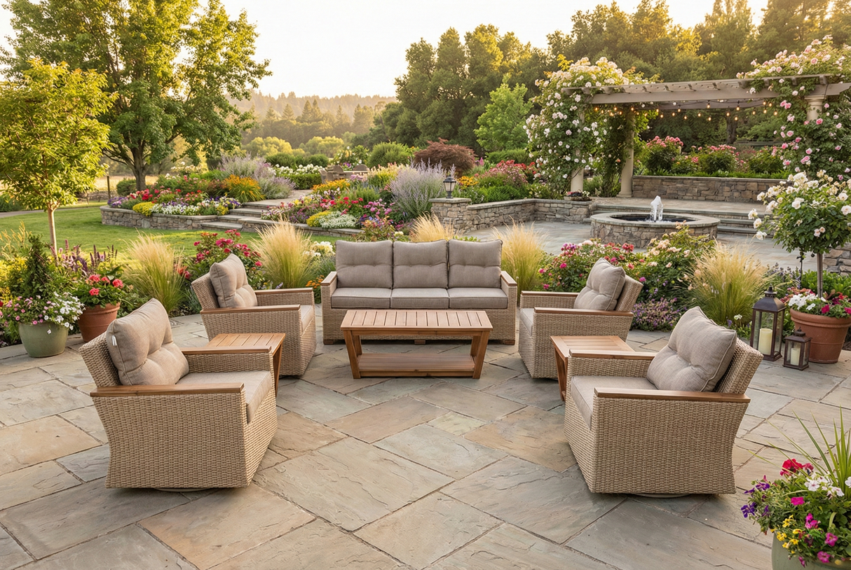 Light Brown Contemporary Wicker 8-Piece Outdoor/Patio Set with 4 Swivel Chairs & Acacia Tables