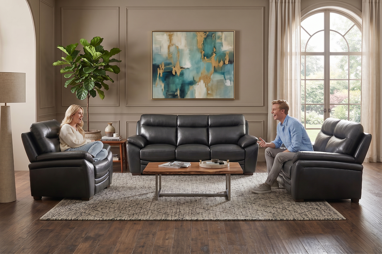Modern Black Top Grain Leather 3-Piece Living Room Set with Sofa, Loveseat & Chair