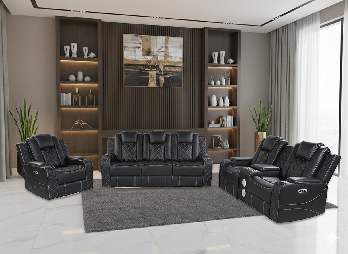 Black Power Reclining Living Room Set with LED Lights, Speakers, and Power Headrest