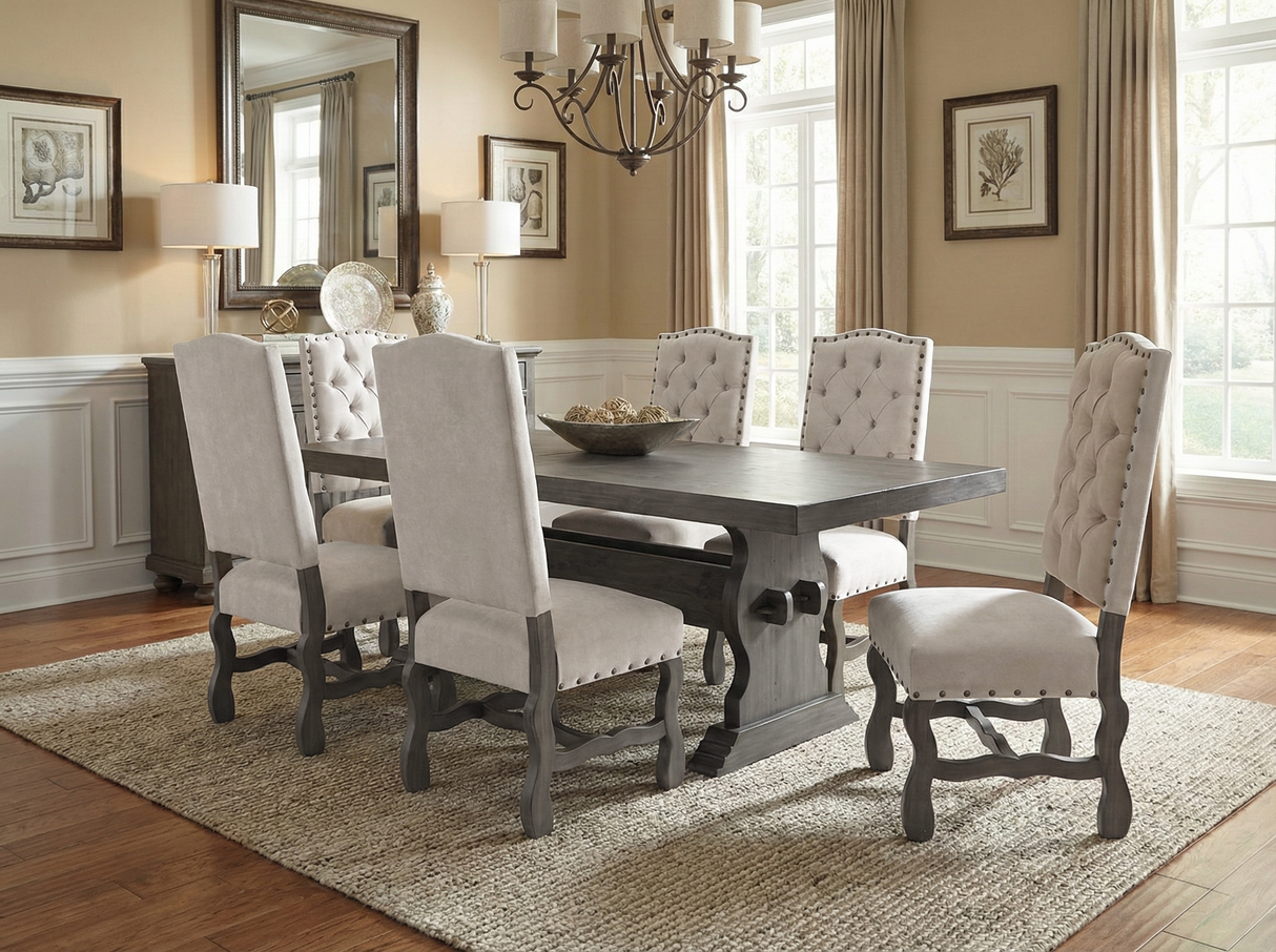 7-Piece Trestle Dining Set with Tufted High-Back Chairs (Gray/Ivory)