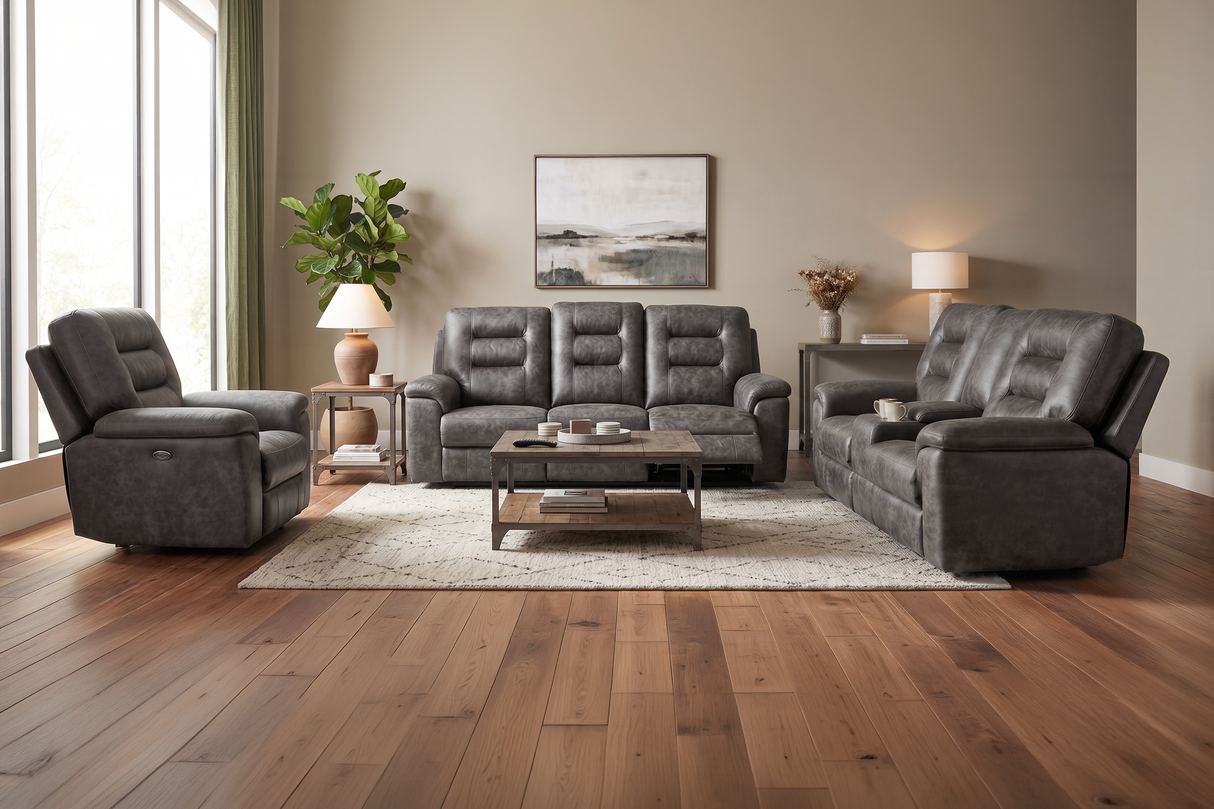 Contemporary Gray 3-Piece Power Reclining Living Room Set with Console & Cup Holders