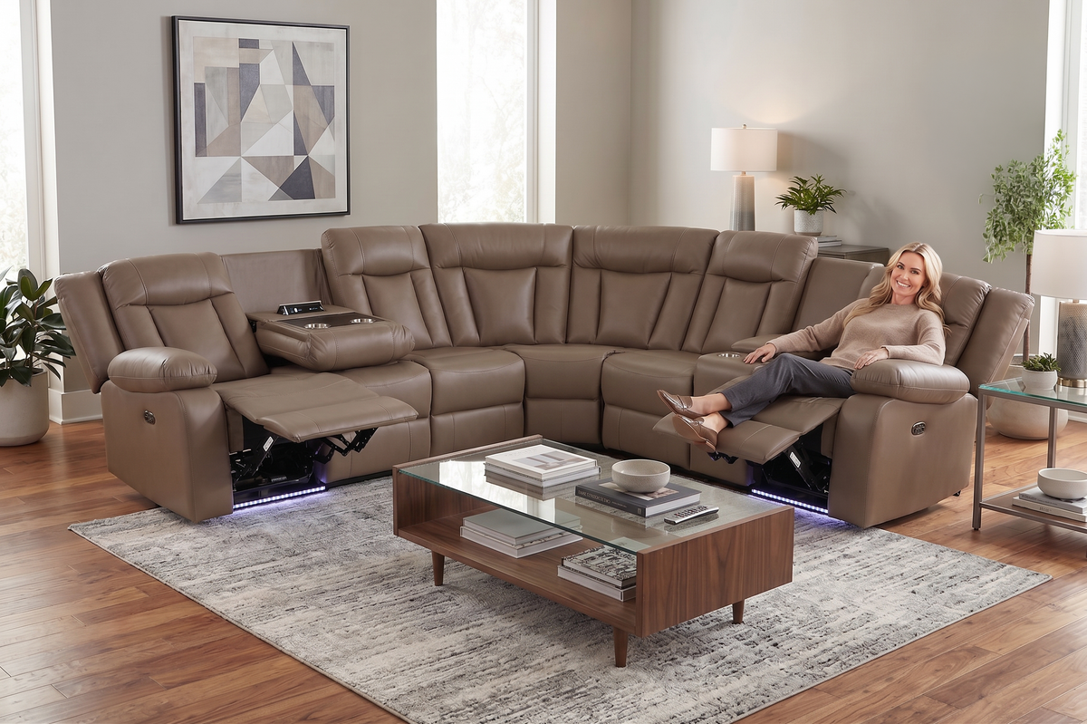 Light Brown 3-Piece Power Reclining Sectional with LED Lighting, Console & Speaker