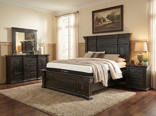 Rustic Traditional Dark Cherry 6-Piece Bedroom Set with Panel Bed, Dresser, Mirror & Nightstand