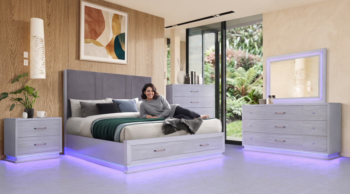 Modern White 6-Piece Storage Bedroom Set with Gray Upholstered Headboard & LED Lighting