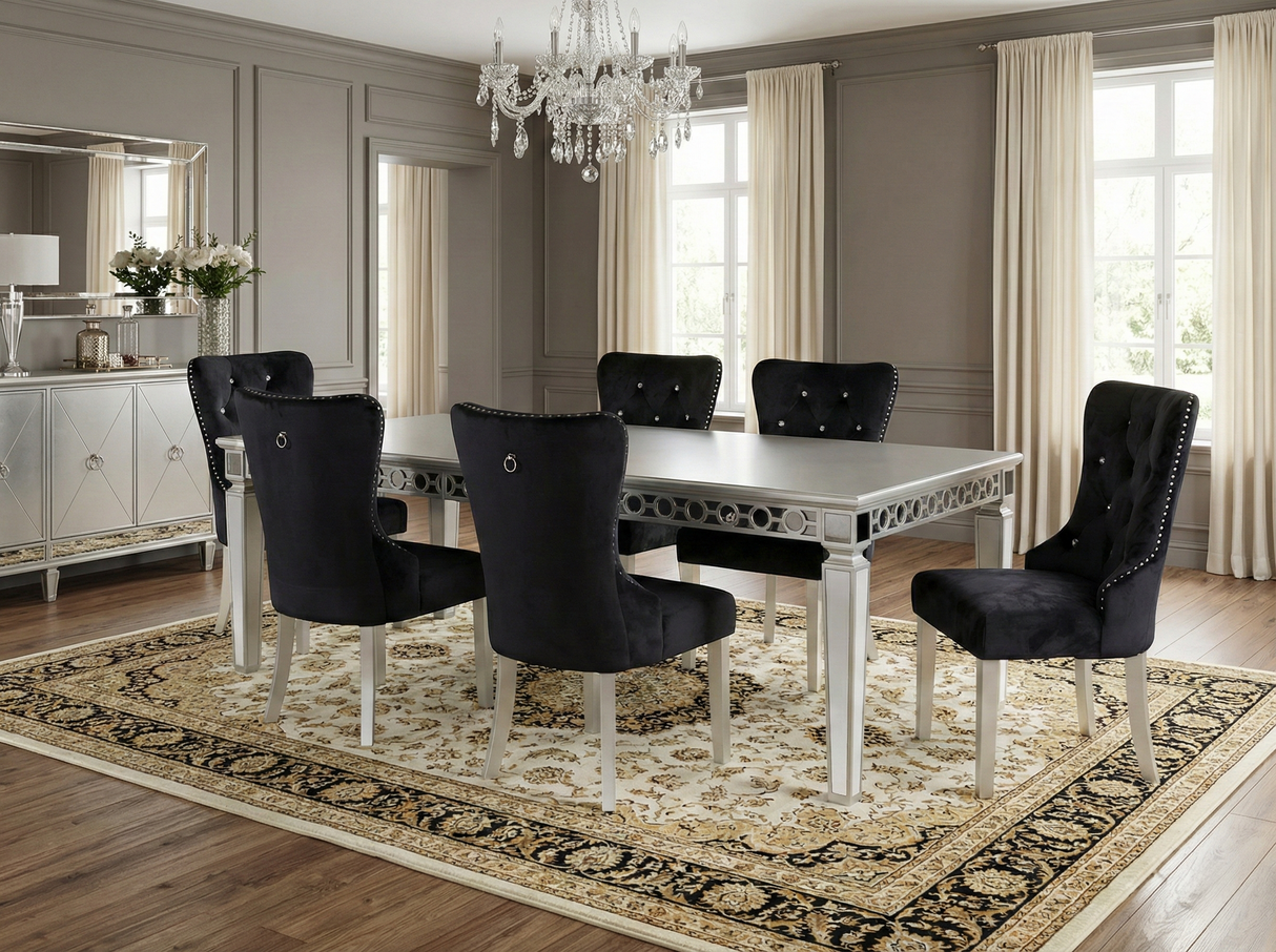 Glam 7-Piece Silver Dining Set with Mirror-Trim Table & Black Velvet Tufted Chairs