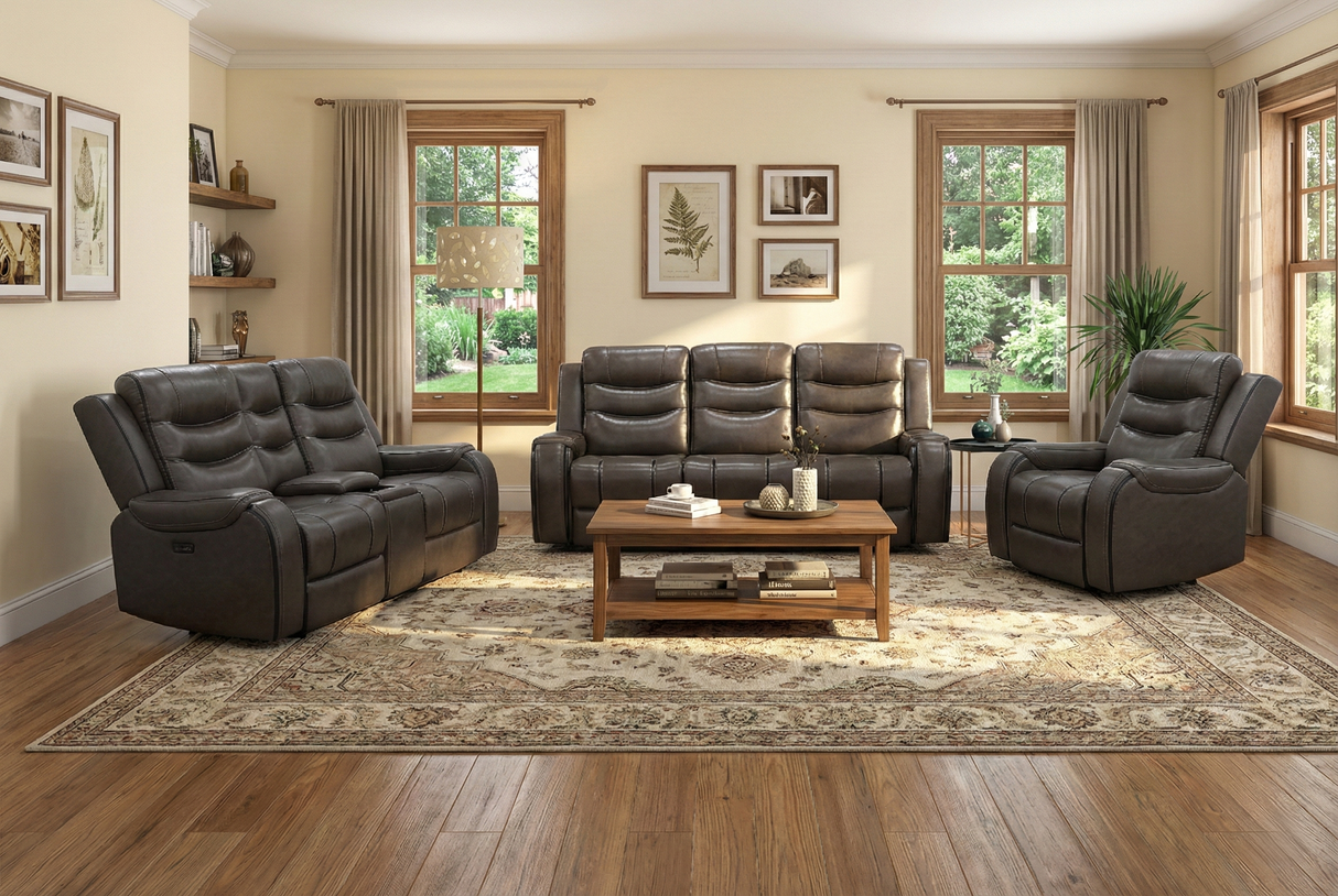 Espresso Contemporary Top Grain Leather 3-Piece Power Reclining Living Room Set w/ Power Headrests, USB Charging, Cup Holders & Drop-Down Table