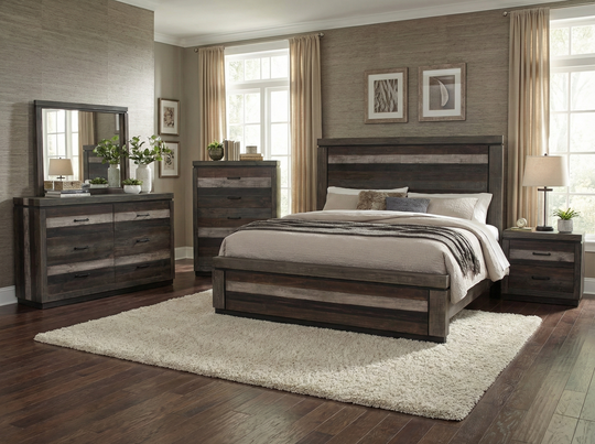 Westminster Rustic 6-Piece Distressed Multi-Tone Bedroom Set with Panel Bed, Dresser, Mirror & Nightstand