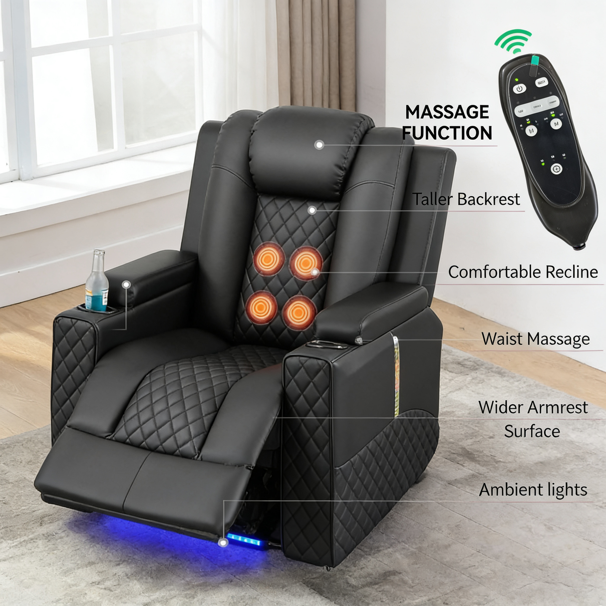 Black Diamond-Quilted Massage Recliner Chair with LED Lights