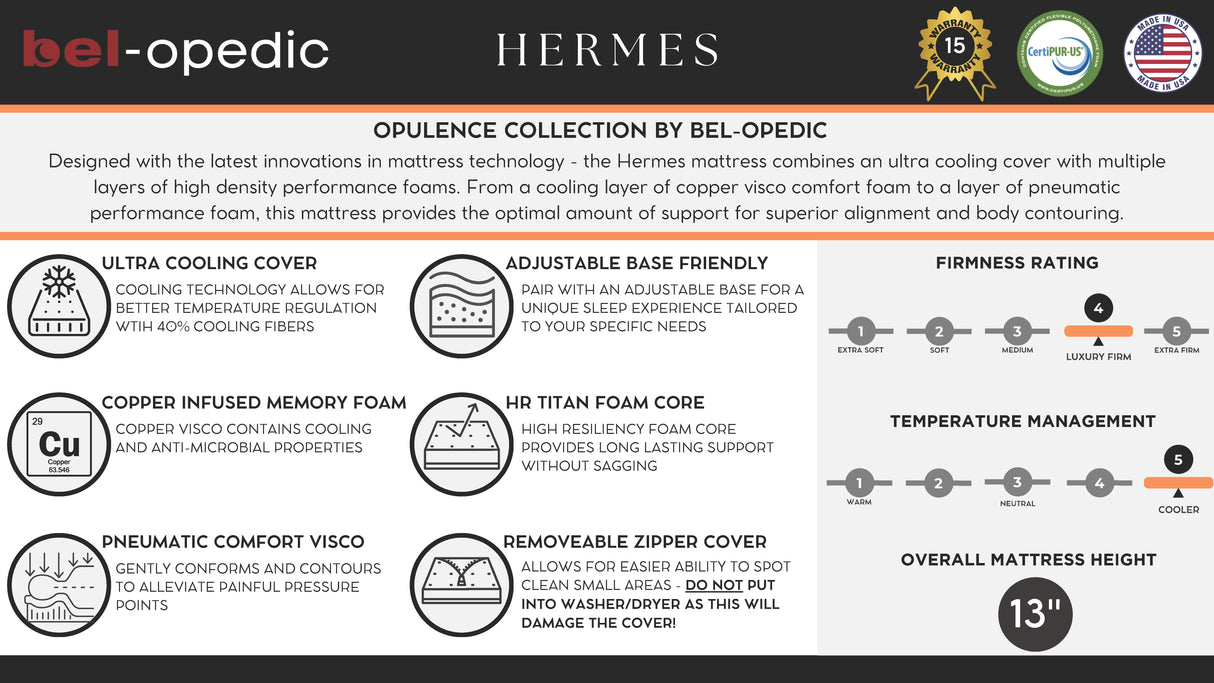 Hermes 13-Inch Luxury Firm Memory Foam Queen size Mattress with Foundation by bel-opedic | Bel Furniture