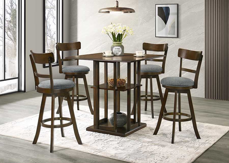 Espresso Counter Height 5-Piece Dining Set with Grey Upholstered Chairs