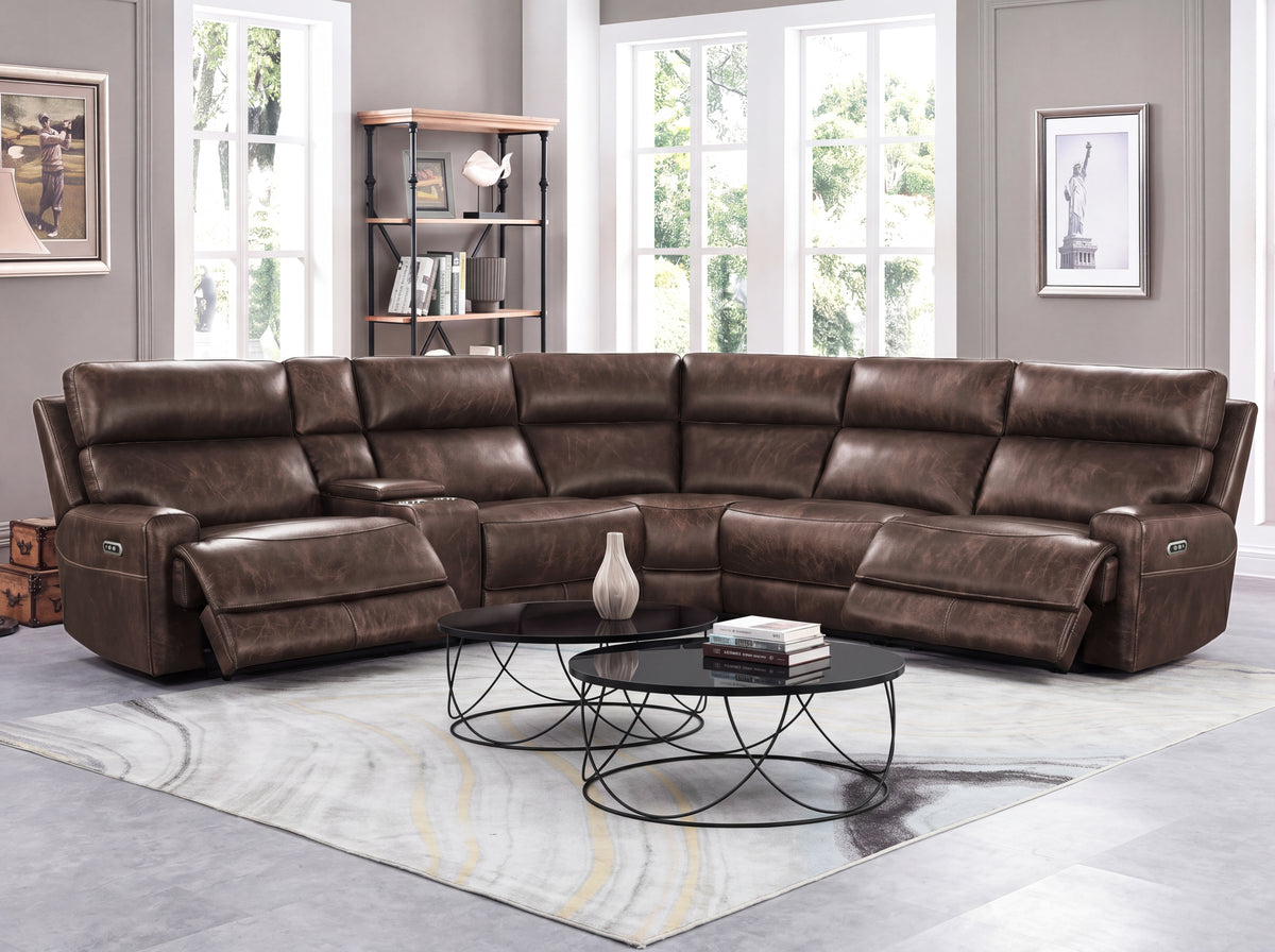 Brown 6-Piece Power Reclining Sectional with Storage Console & Cup Holders