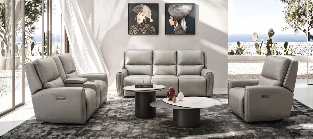 Gray Top‑Grain Leather 2‑Piece Dual‑Power Reclining Sofa & Loveseat Set