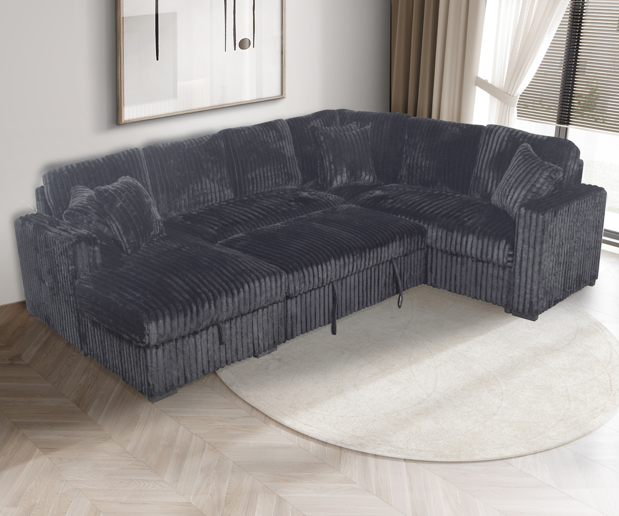 Midnight Black 3-Piece Sleeper Sectional with Storage Chaise & USB