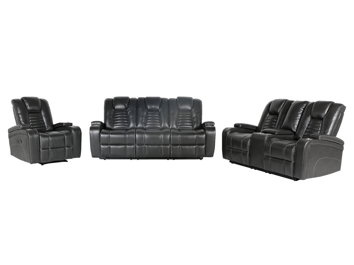 Meridian Grey 3-Piece Living Room Set with Power Headrests, Cup Holders & Storage