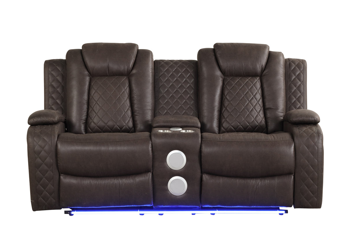 Chocolate Contemporary 3-Piece Power Reclining Living Room Set with Power Headrests, LED Lights & Wireless Charging