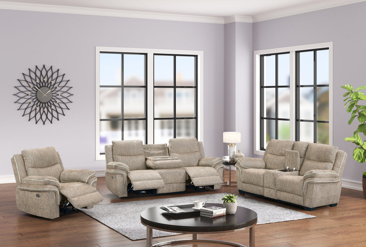 Light Brown Fabric 3-Piece Living Room Set with Power Reclining Sofa, Drop-Down Table, Console Loveseat & Power Recliner