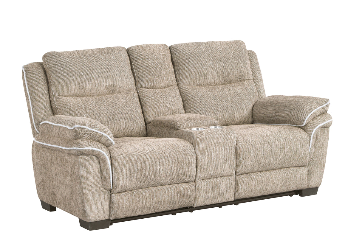 Light Brown Fabric 3-Piece Living Room Set with Power Reclining Sofa, Drop-Down Table, Console Loveseat & Power Recliner
