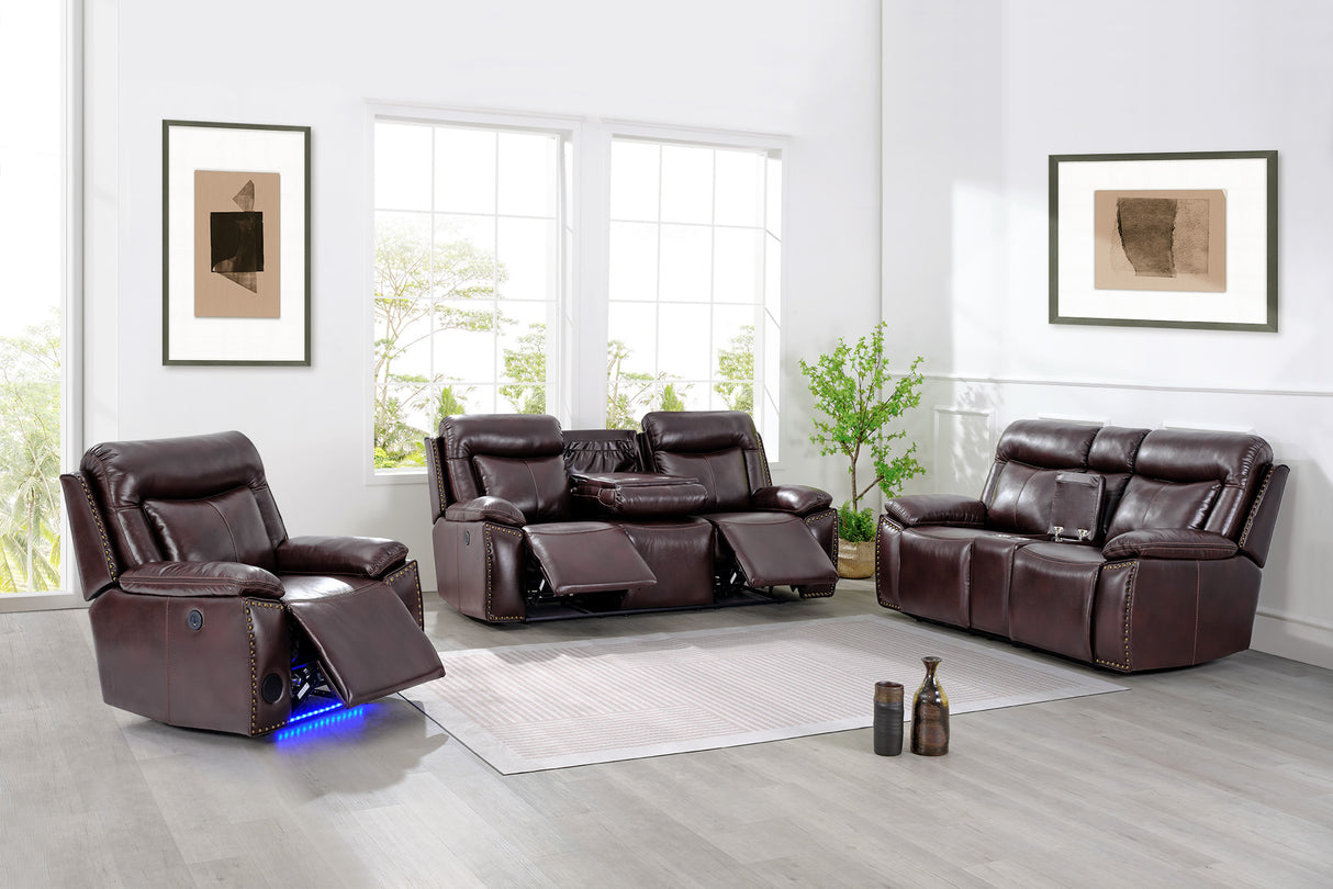 3-Piece Brown Power Reclining Living Room Set with Console Loveseat, USB & Bluetooth Speaker