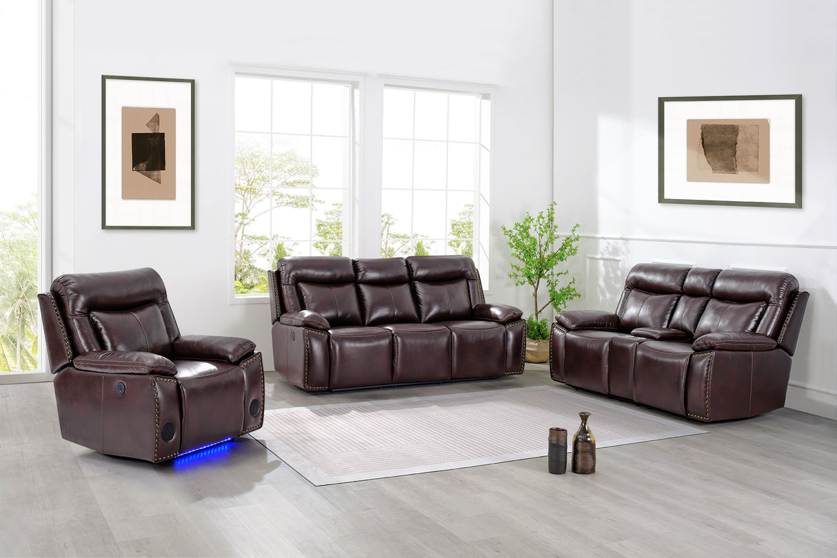 3-Piece Brown Power Reclining Living Room Set with Console Loveseat, USB & Bluetooth Speaker