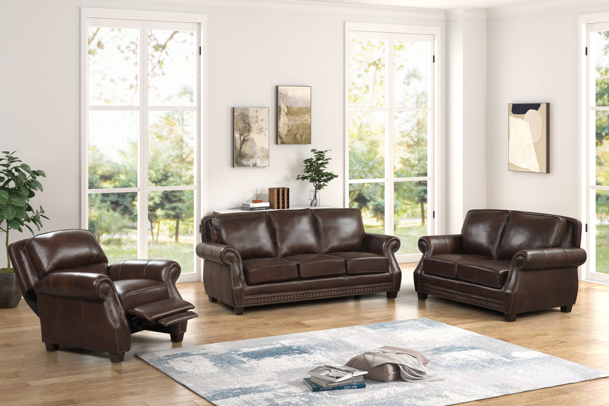 Brown Top Grain Leather Sofa, Loveseat & Push Back Recliner Living Room Set