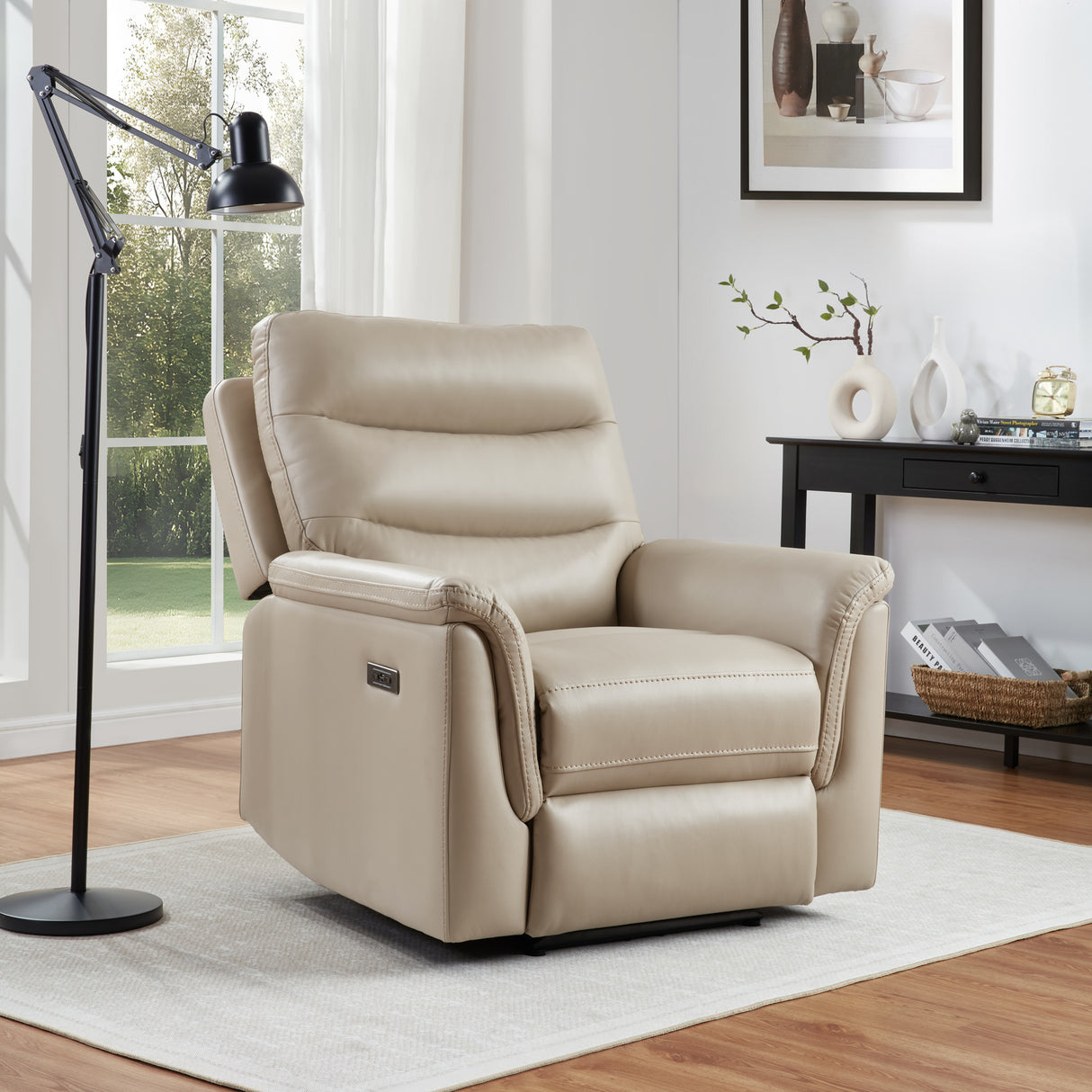 Beige Dual Power Recliner with Power Headrest & Footrest