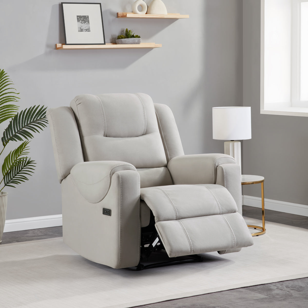Light Gray Power Recliner with USB Charging Port