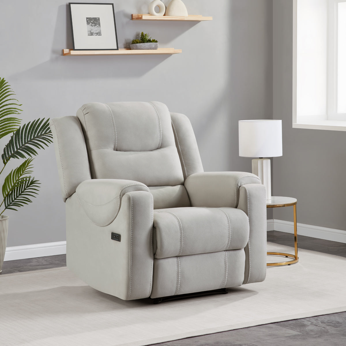 Light Gray Power Recliner with USB Charging Port