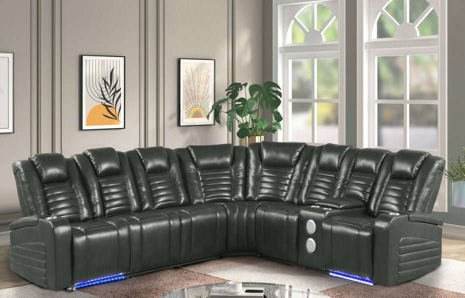 3 Piece Power Reclining Sectional with Power Adjustable Headrest/ Bluetooth Speakers/ wireless USB Charging, LED Light