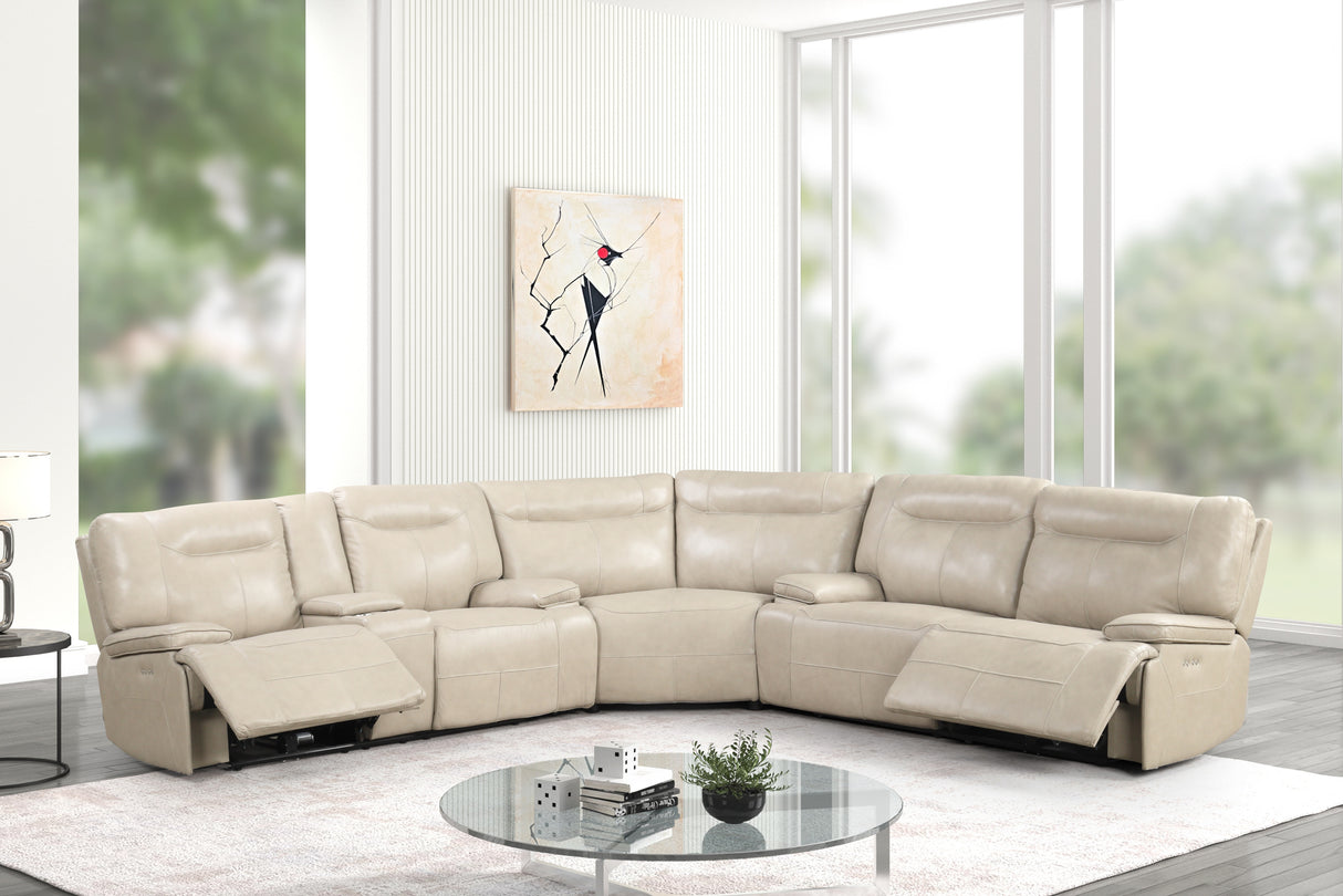 Cream Top Grain Leather Power Reclining Sectional with Console & Wireless Charging