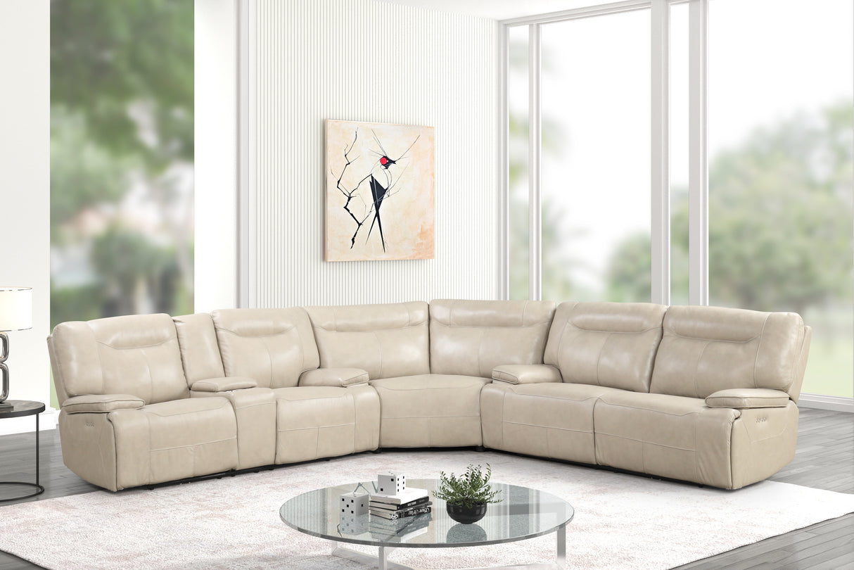 Cream Top Grain Leather Power Reclining Sectional with Console & Wireless Charging